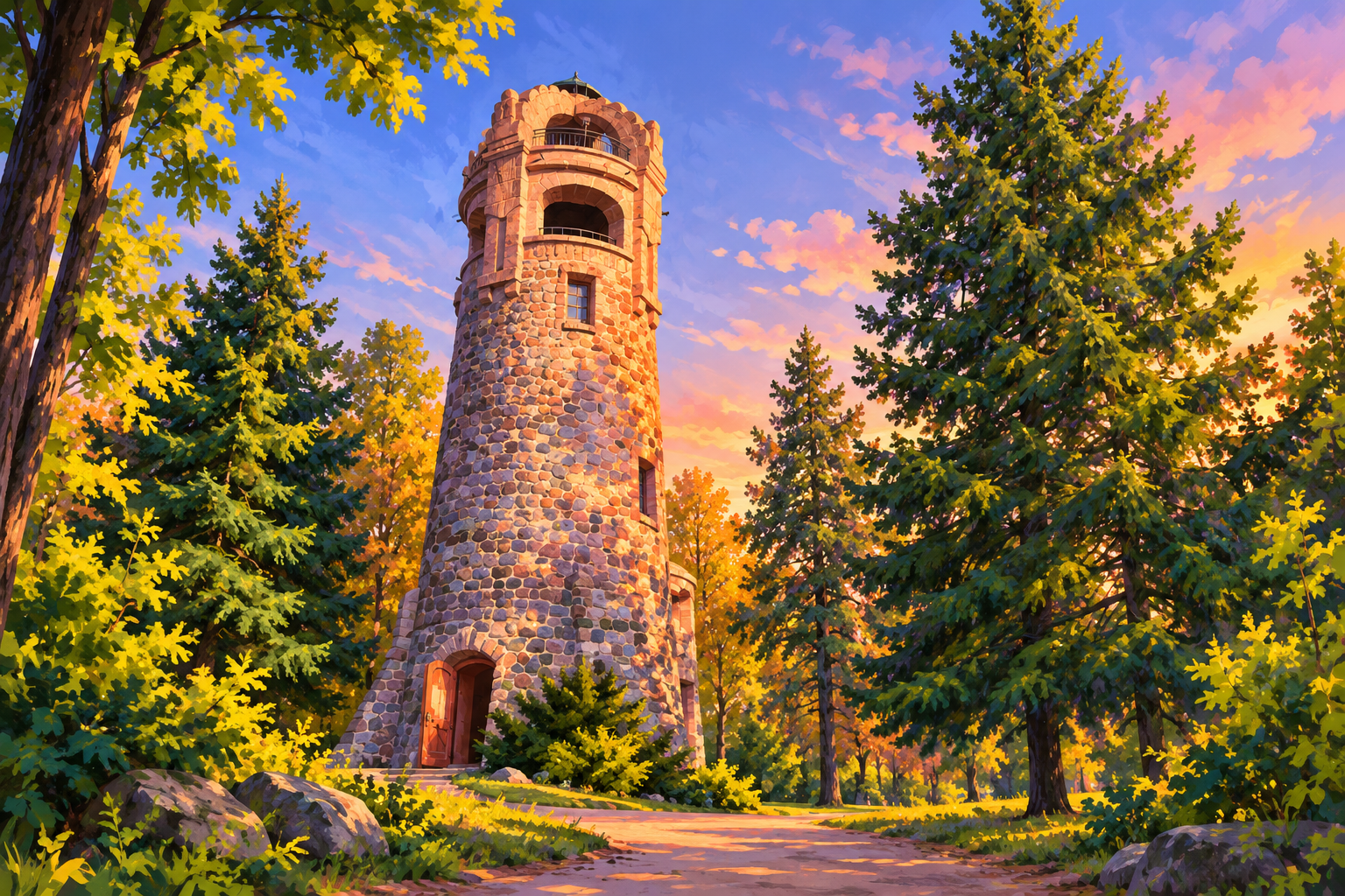 Illustration des Bismarckturms auf dem Georgenberg zwischen grünen Bäumen