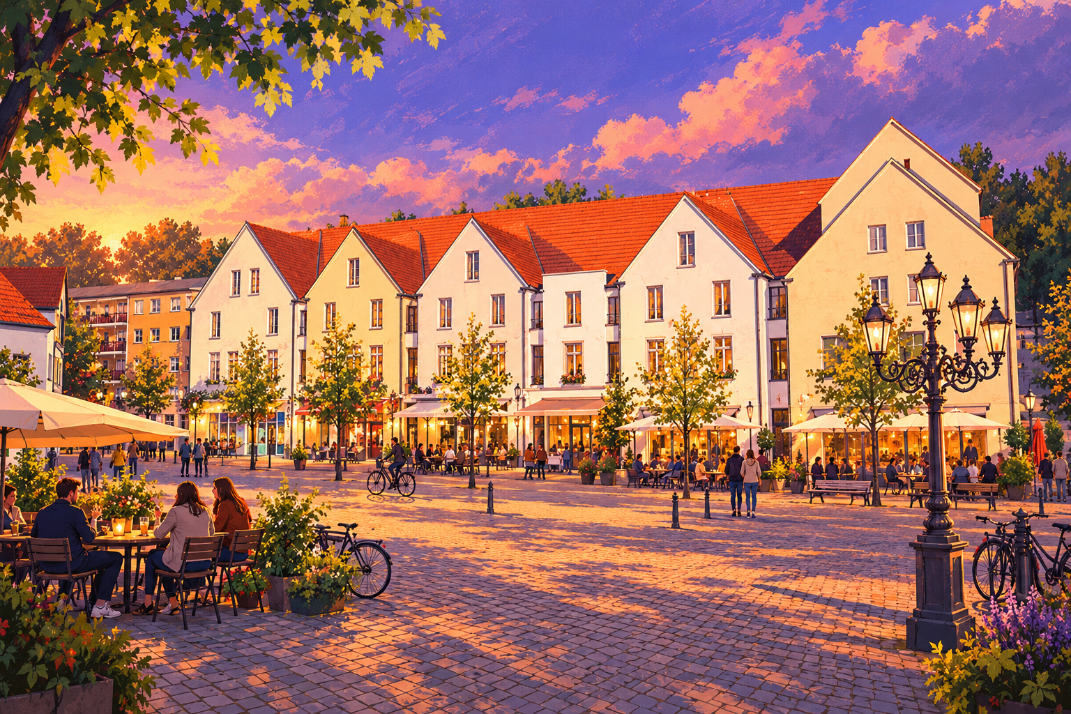 Illustration des Spremberger Marktplatzes mit hellen Giebelhäusern im warmen Abendlicht